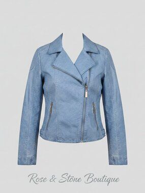 Sky Blue Quilted Faux Leather Moto Jacket | Roosevelt American College | Size S